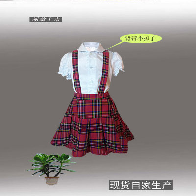 新款六一儿童表演服红格子背带裙白衬衫大合唱服定制现代舞蹈服装