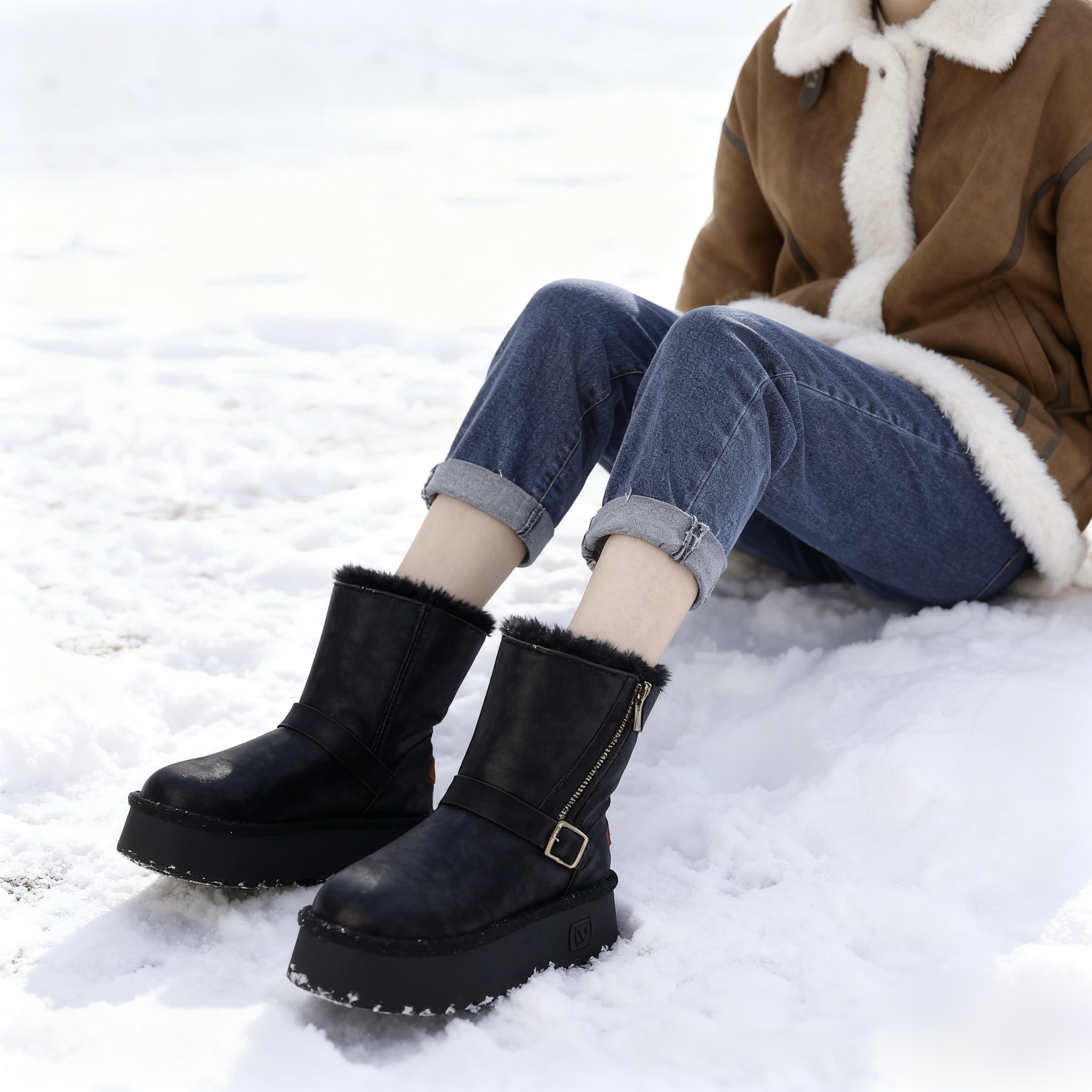 2025新款真皮羊毛防水雪地靴女皮毛一体加厚保暖中筒棉靴子