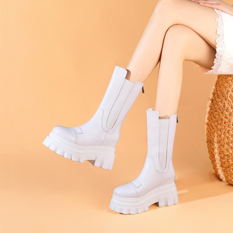 신장 10CM 이내 증가 천연가죽 만능 여성 두꺼운 밑창 숏부츠 봄 가을 싱글부츠 웨지힐 하이힐 미드튜브 슬리밍 굴뚝부츠