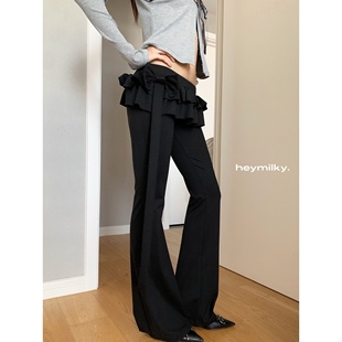 女显瘦弹力设计感裙裤 heymilky 24AW芭蕾风荷叶边拼接微喇休闲裤