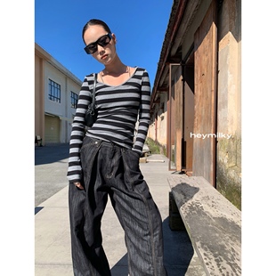 性感显瘦内搭长袖 女修身 上衣 24AW辣妹V领条纹连帽针织衫 heymilky