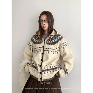 heynilky 女慵懒风加厚针织外套 24AW复古提花连帽费尔岛毛衣开衫