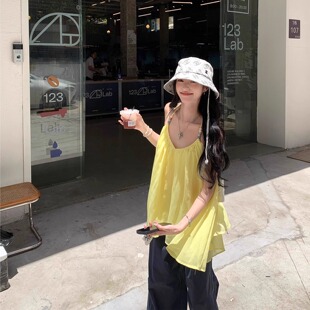 绝美深v不规则网纱露背挂脖串珠度假感小吊带女夏季减龄宽松上衣