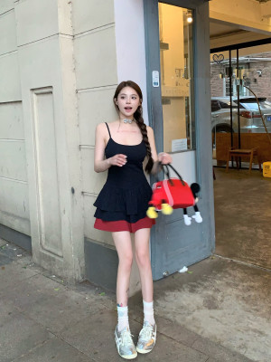 纯欲A字裙设计感撞色吊带裙女夏