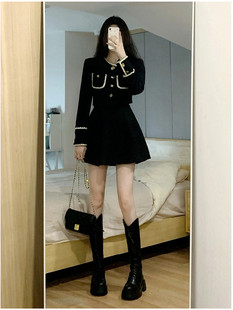 法式黑色半身连衣裙子女装春秋季2025新款茶系穿搭小香赫本风套装