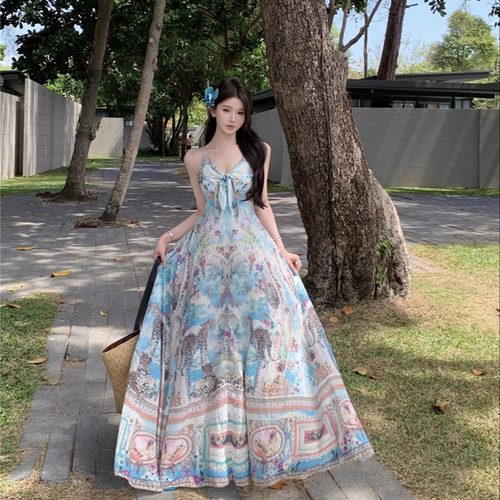 波西米亚风v领吊带长裙女连衣裙