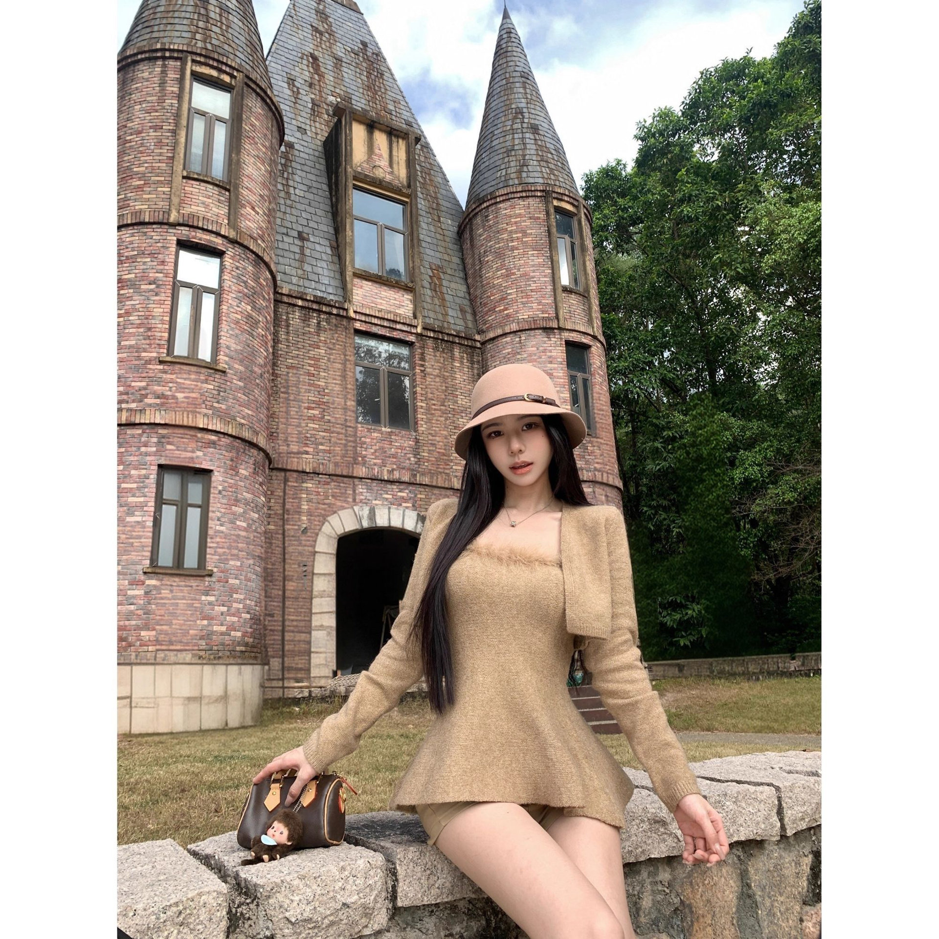 拼接毛毛长袖短款外套两件套装女