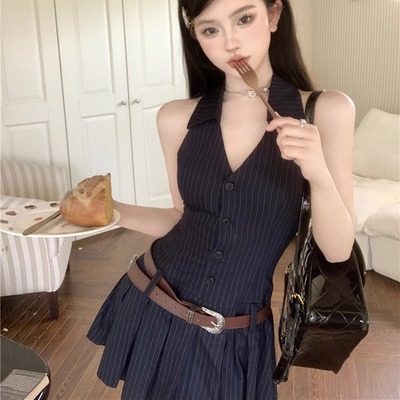 辣妹美式条纹纯欲收腰挂脖短裙女