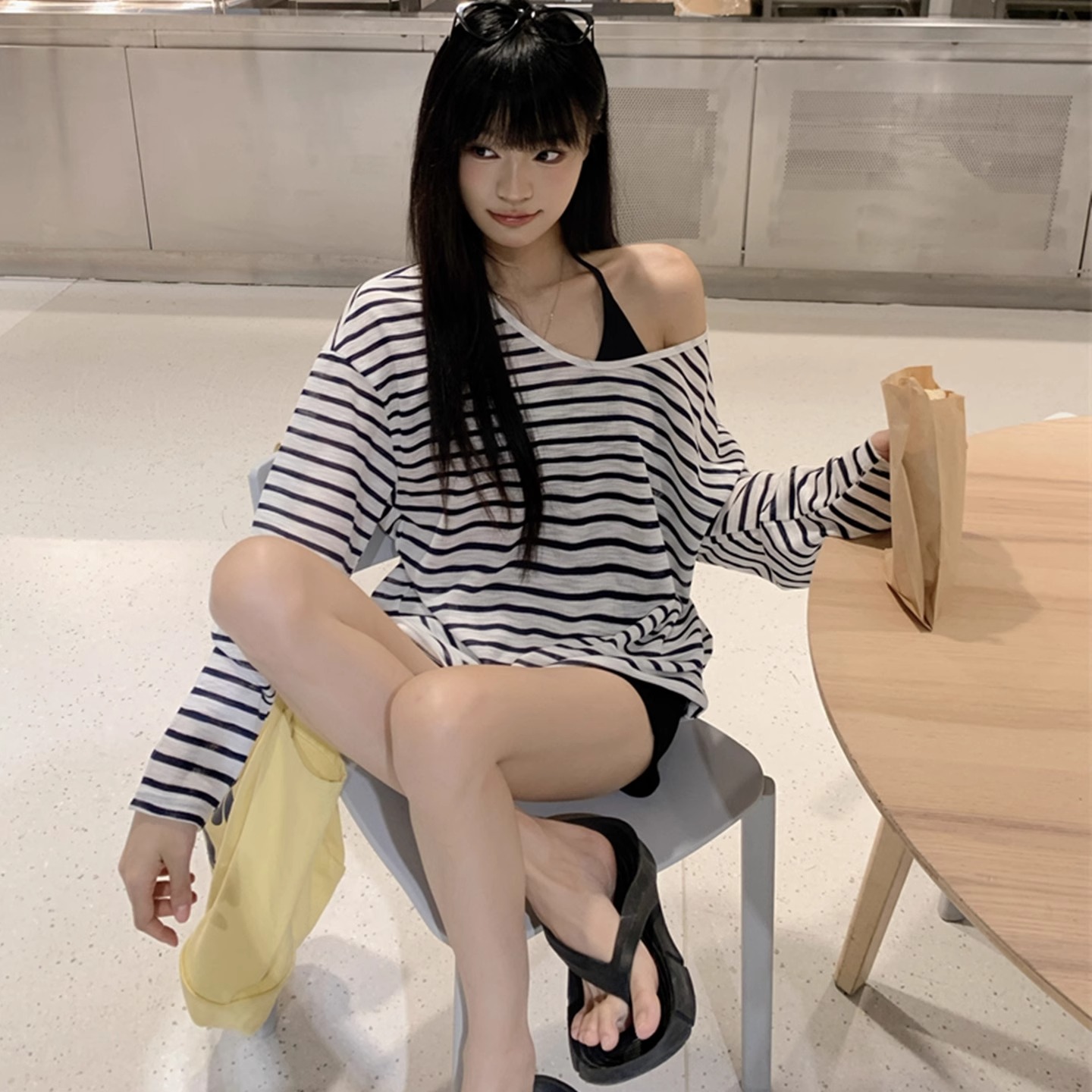 防晒罩衫女夏日ootd穿搭斜肩上衣