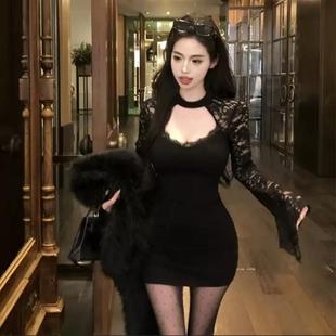 包臀短裙子冬 蕾丝拼接黑色收腰修身 纯欲风露背长袖 连衣裙女春秋季