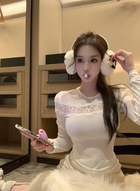 纯欲风白色小心机微透镂空蕾丝长袖T恤女春秋季修身性感打底上衣