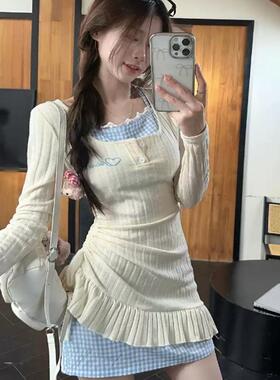 纯欲风挂脖连衣裙女秋冬季假两件甜辣妹收腰不规则拼接叠穿短裙子