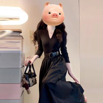 赫本风法式气质黑色拼接长袖连衣