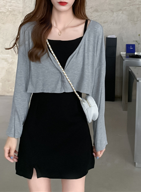 2025年春秋新款法式轻熟御姐风小黑裙开叉吊带裙连衣裙两件套装女