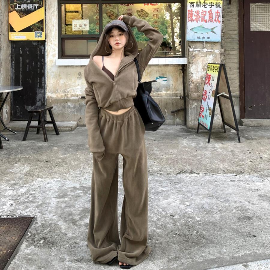 2024秋冬季复古阔腿长裤休闲套装