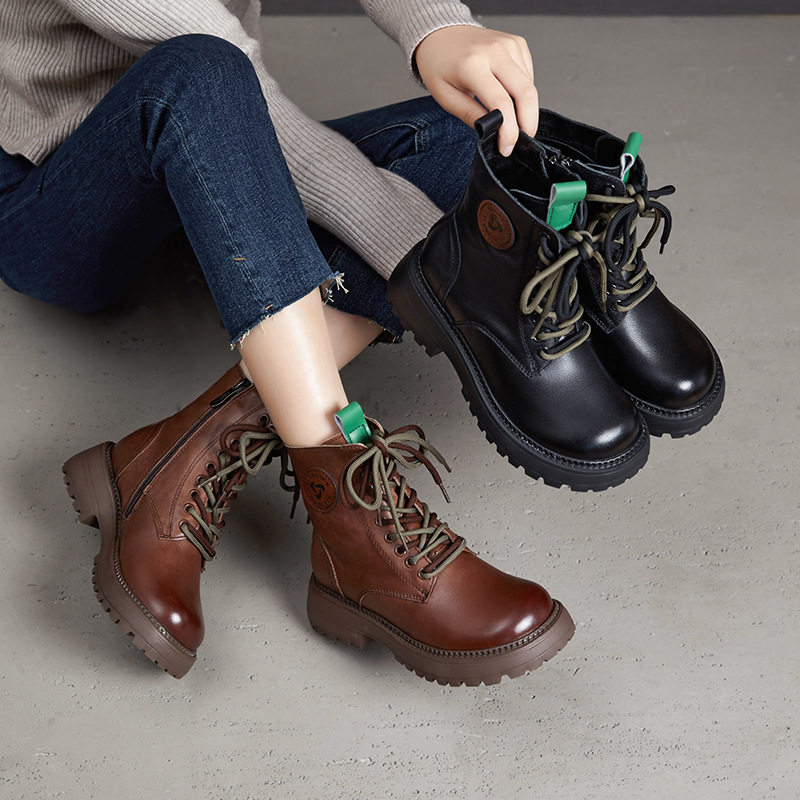 头层牛皮马丁靴机车欧洲短靴圆头厚底2025秋冬季加绒中筒女靴棉鞋