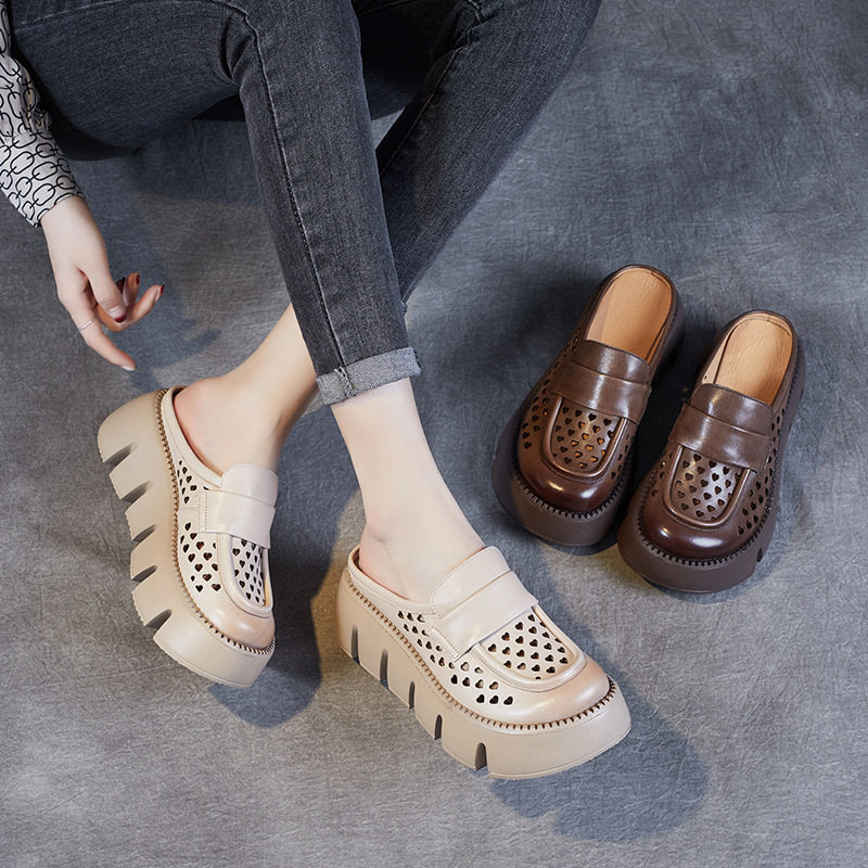 夏新款复古休闲拖鞋女头层牛皮外穿半拖镂空包头一字拖厚底凉拖鞋