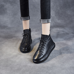 真皮单鞋女2026春秋新款复古小短靴女圆头坡跟厚底松糕鞋系带皮鞋