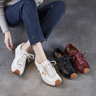 系带鞋秋冬款拼接平底头层牛皮复古女鞋百搭休闲抓地耐磨妈妈潮鞋