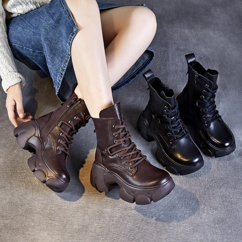 厚底马丁靴女百搭头层牛皮复古拉链高帮靴子女小个子增高松糕短靴