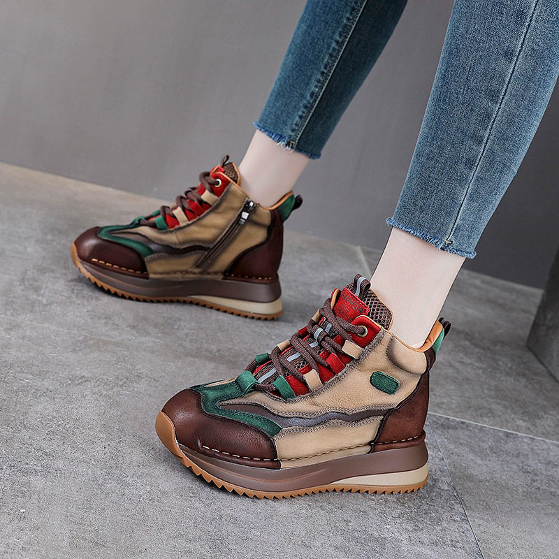 2025秋冬头层牛皮高帮鞋女老爹鞋真皮加绒马丁靴短筒休闲运动女鞋
