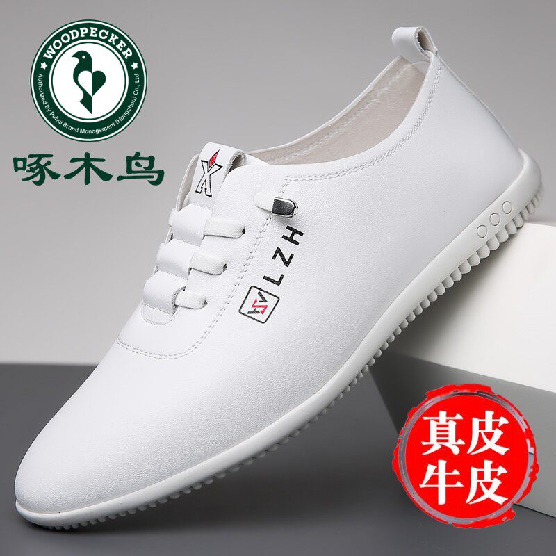 啄木鸟男鞋夏季新款真皮休闲皮鞋男士百搭小白鞋软底豆豆鞋驾车鞋