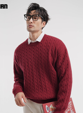 厚实感新年麻花毛衣加厚男士红色本命年厚实圣诞风针织衫上衣冬季