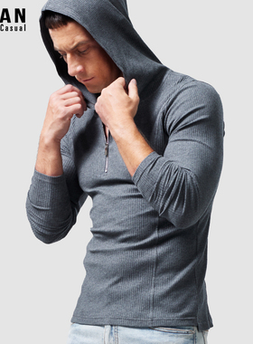 螺纹连帽长袖t恤男士纯棉弹力修身紧身半拉链薄款卫衣春秋季休闲