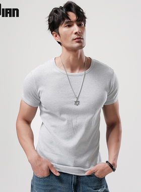 260G重磅粗螺纹纯棉短袖t恤男紧身修身运动健身弹力打底衫夏体恤