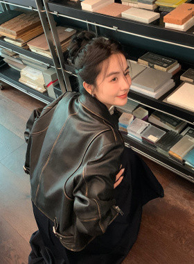 美式复古早春新款机能风黑色长袖拉链气质炸街皮衣女拽姐夹克外套