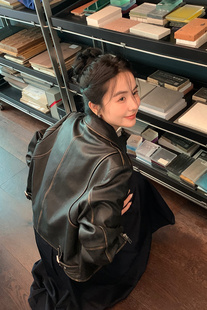 美式复古早春新款机能风黑色长袖拉链气质炸街皮衣女拽姐夹克外套