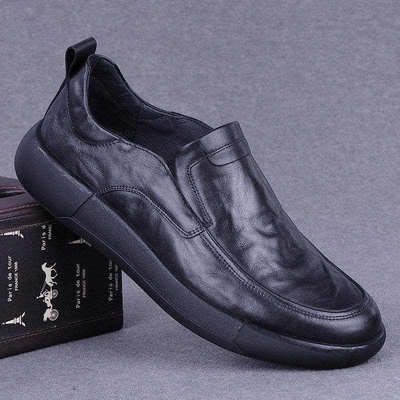 外贸真皮男鞋春夏新款男士一脚蹬手抓纹牛皮软底男士商务休闲皮鞋