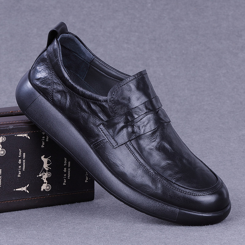 外贸真皮男鞋2025秋季新款休闲皮鞋头层牛皮透气软底一脚蹬爸爸鞋