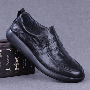 外贸真皮男鞋2025秋季新款休闲皮鞋头层牛皮透气软底一脚蹬爸爸鞋