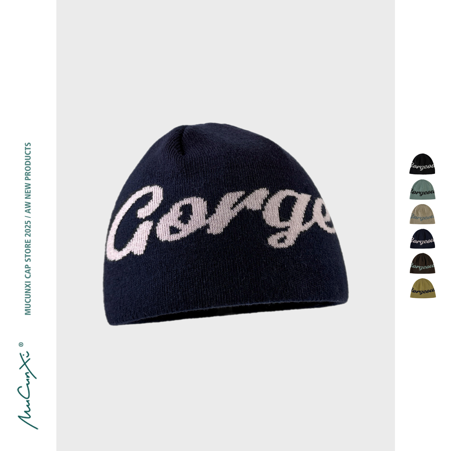 MUCUNXI 羊毛混纺提花字母针织帽男女秋冬时尚保暖套头毛线帽冷帽