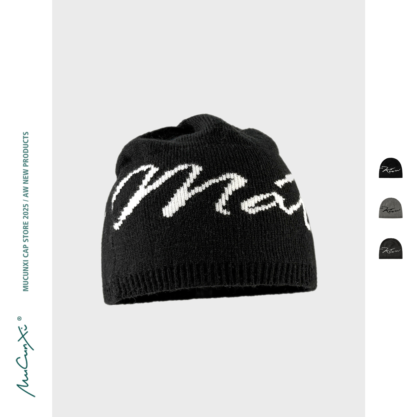 MUCUNXI 羊毛混纺字母logo提花针织帽男女秋冬保暖护耳毛线帽冷帽