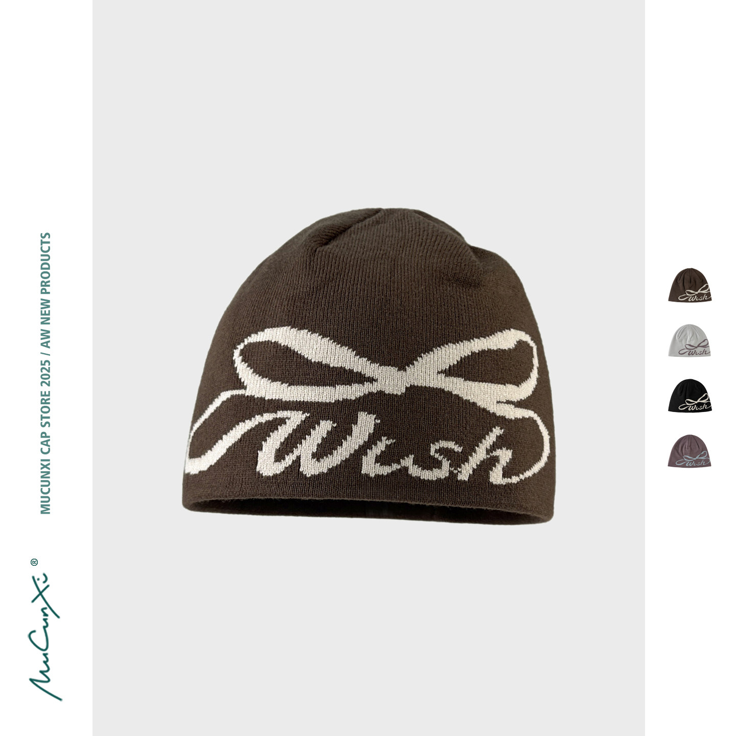 MUCUNXI 新款蝴蝶结字母提花针织帽女秋冬户外滑雪防风冷帽毛线帽