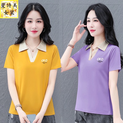 翻领薄款冰丝女短袖夏季上衣T恤