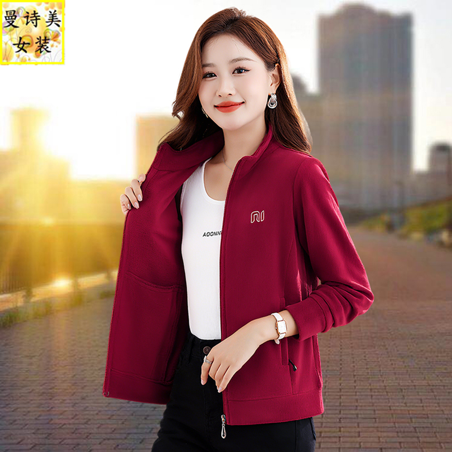 摇粒绒短款外套女春秋2025新款休闲中年妈妈宽松秋季立领抓绒上衣