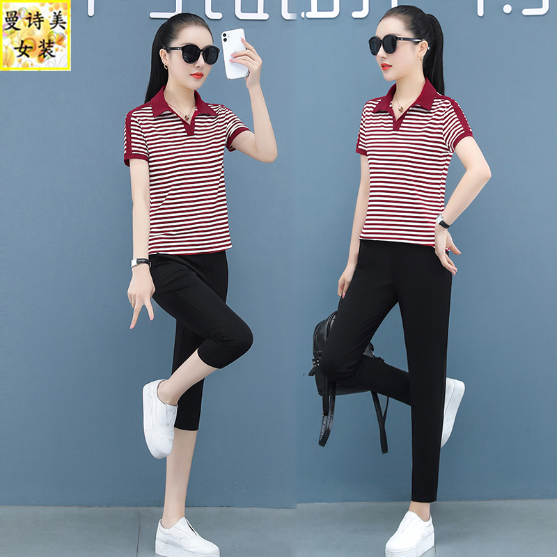 纯棉短袖休闲polo衫运动服套装女薄款妈妈2025夏季新款宽松两件套