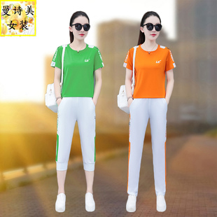 七分或長(zhǎng)褲 冰絲運(yùn)動(dòng)服套裝 女夏季 短袖 廣場(chǎng)跳舞團(tuán)購(gòu)休閑跑步兩件套