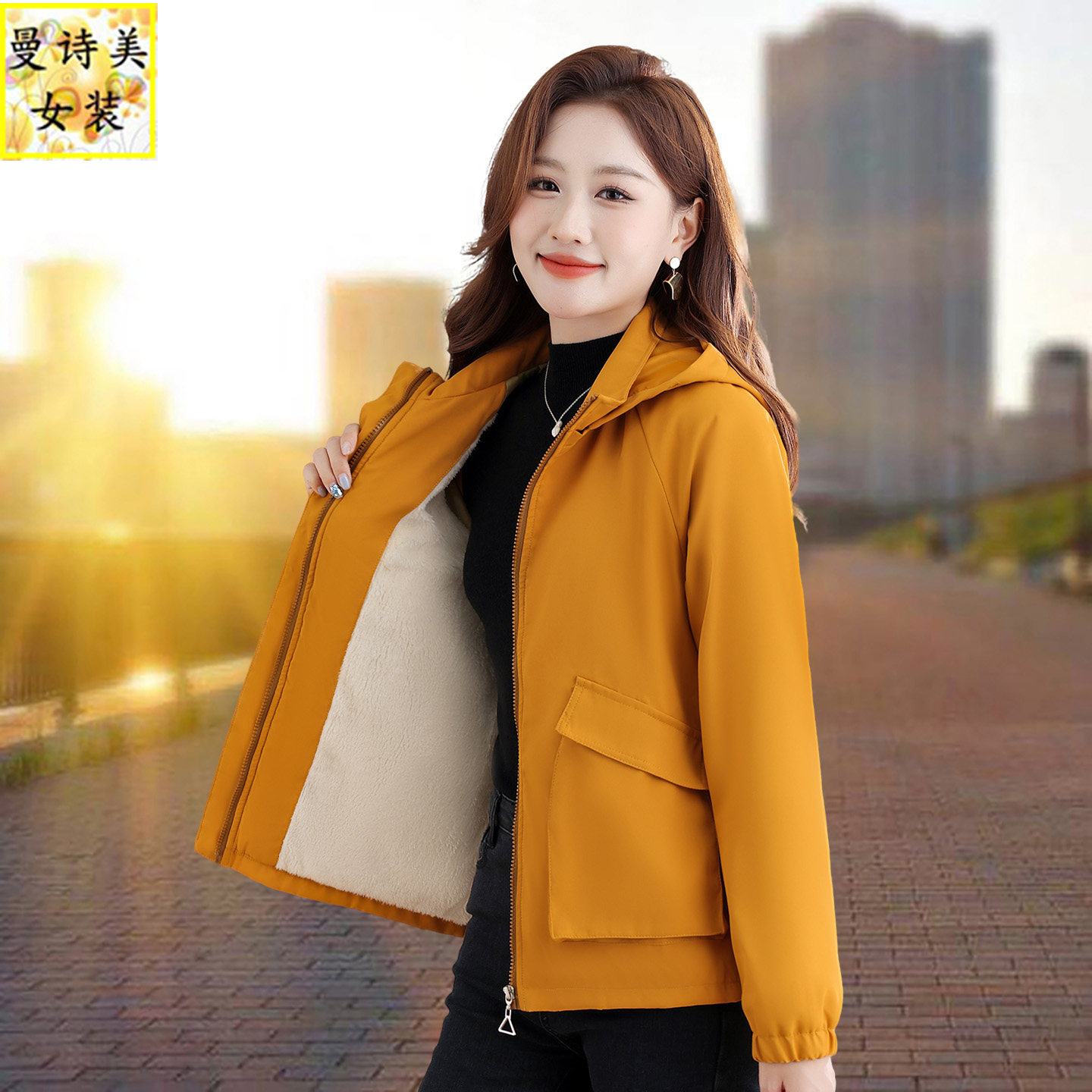 女夹克外套春秋冬2025新款爆款妈妈秋冬加绒加厚休闲短款连帽风衣