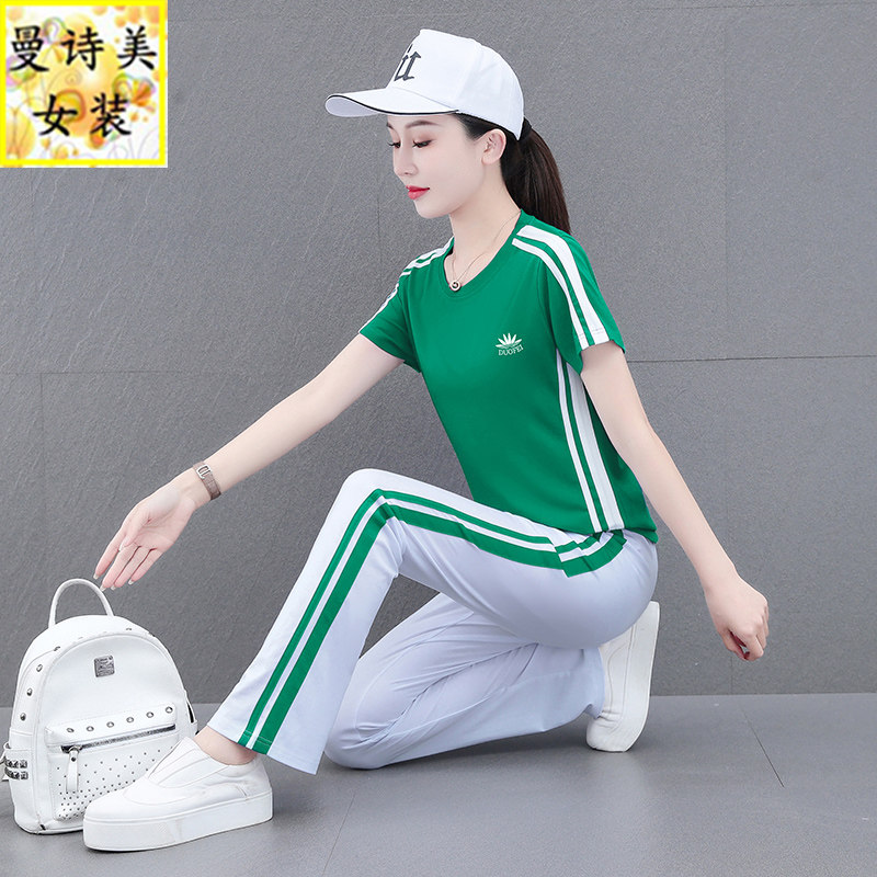 冰丝跳舞运动套装女夏季薄款2026新款宽松短袖休闲时尚洋气两件套