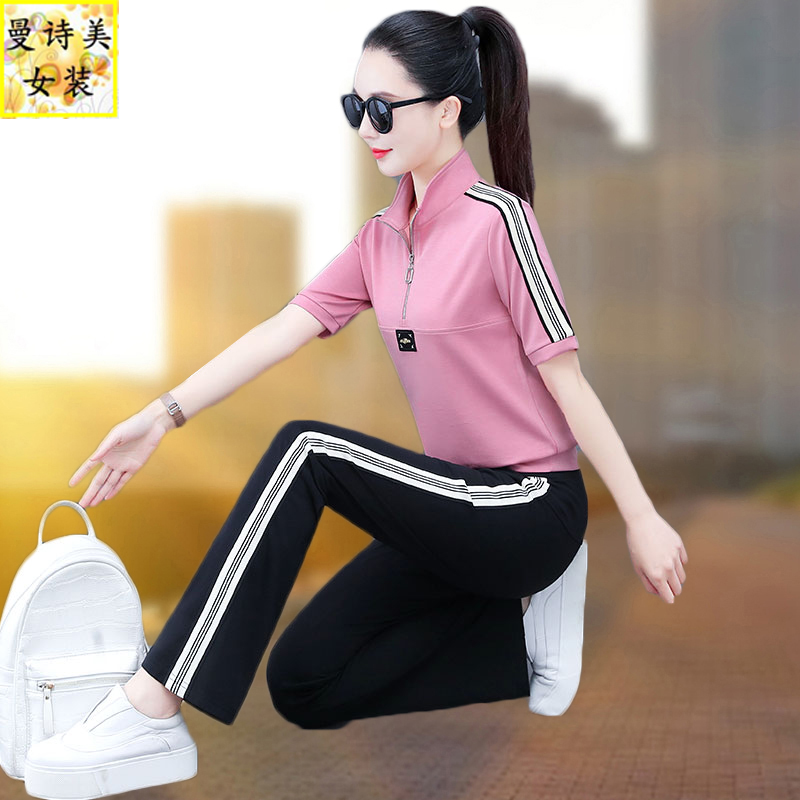 夏季运动服套装女士2025新款爆款休闲时尚妈妈夏装冰丝两件套薄款