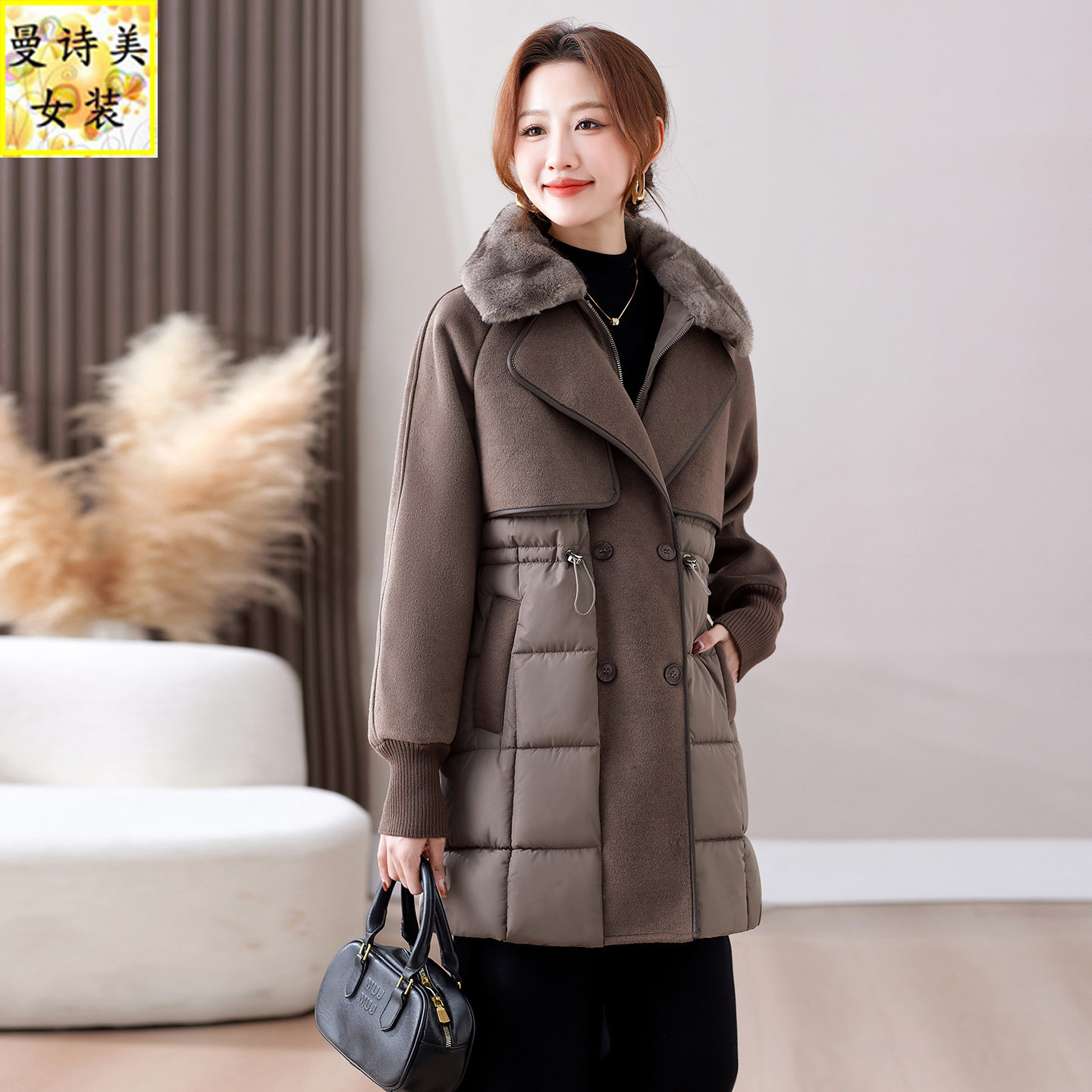 麂皮绒毛领中长款时尚棉服女士