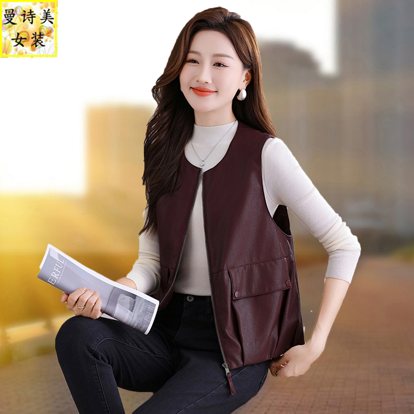 pu皮马甲女士春秋季马夹坎肩外穿