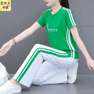 喇叭裤 时尚 运动套装 新款 跑步跳舞两件套 女士2026夏季 纯棉圆领短袖