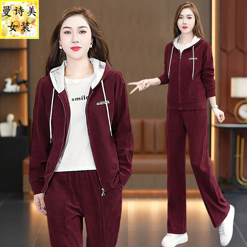 安可拉红灯芯绒休闲运动服套装女