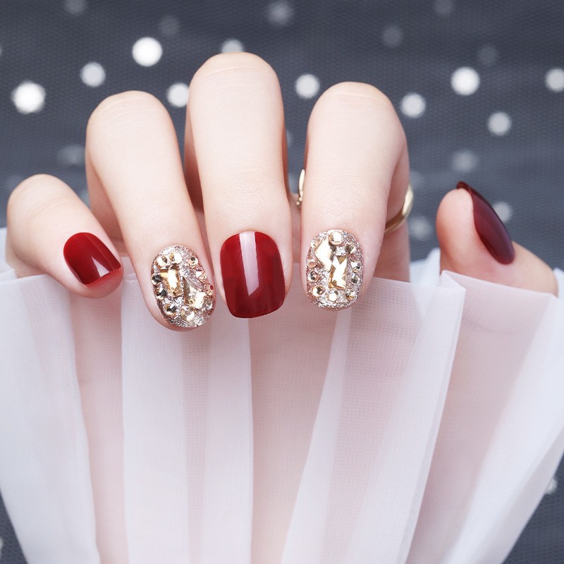 酒红色镶钻穿戴式美甲贴片指甲贴可拆卸假指甲成品反复使用显白
