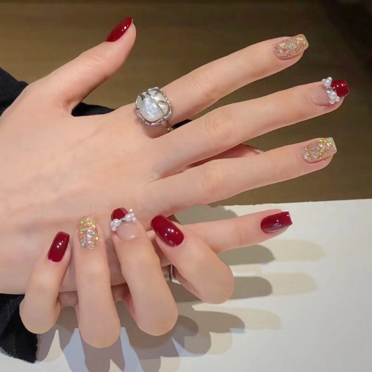 穿戴甲酒红珍珠手工镶嵌立体蝴蝶结甲片实惠装24片大中小送果冻胶